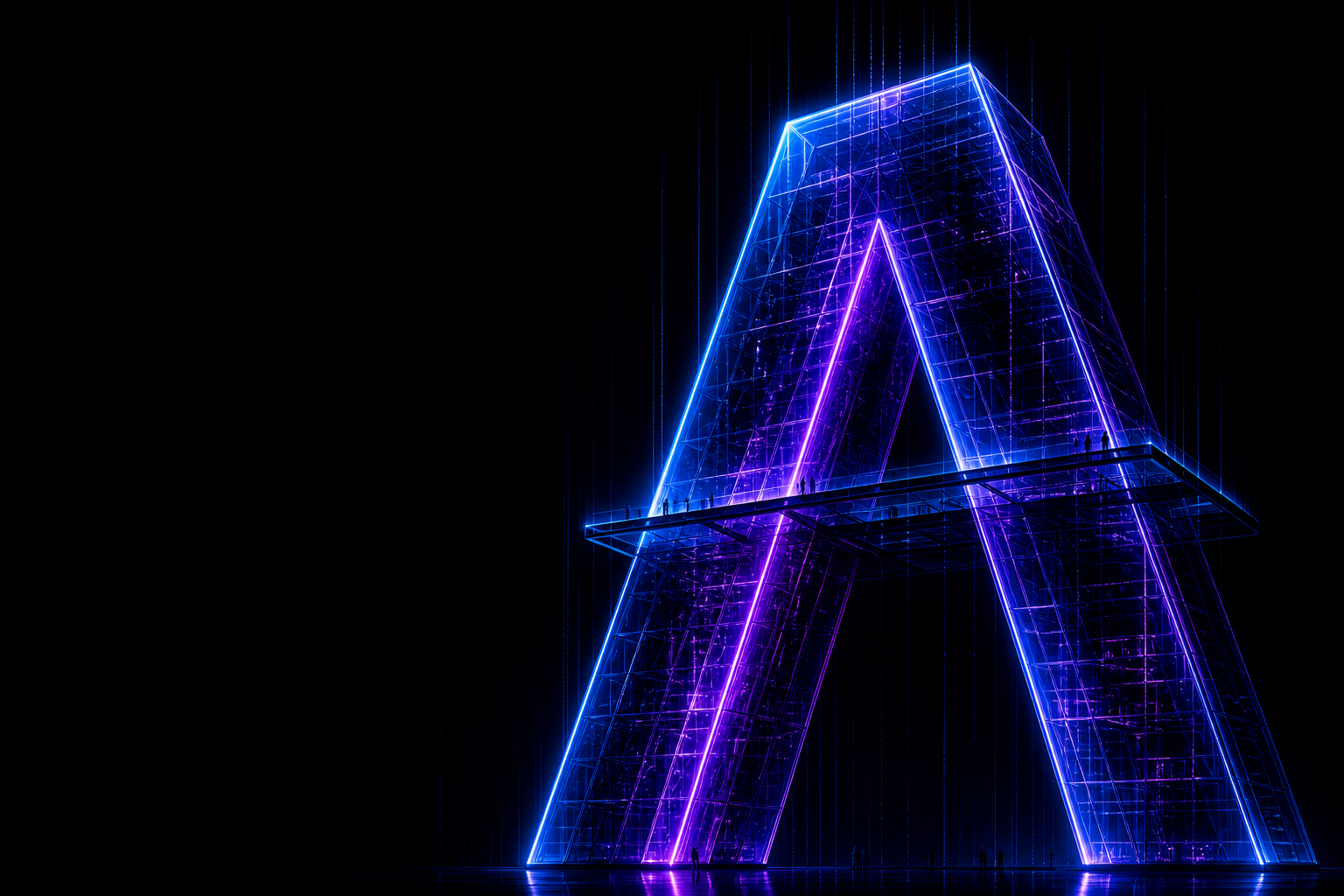 巨大な透明ガラスとネオンで構成されたAlphaのA型建築